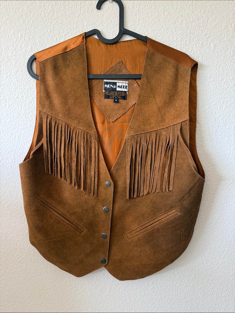 Vintage Mona Mode Brown Suede Leather Fringe Western Vest Small Cognac